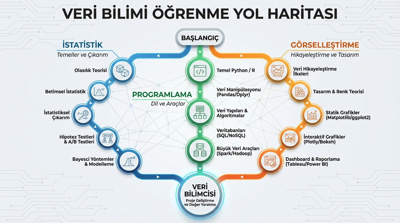 Veri bilimi öğrenme yolu ve popüler veri bilimi kursları müfredat aşamaları.